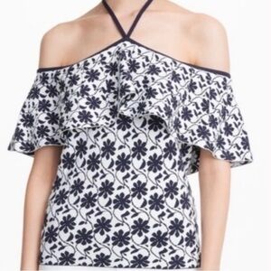 Club Monaco Knit Navy White Floral Blouse Ruffle Top Front Bow Detail Medium